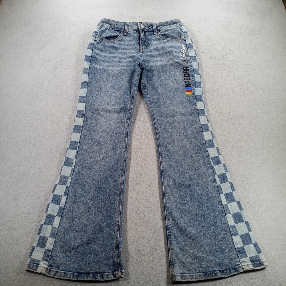 Justice Girls NASCAR Flare Jeans Blue Checkered Side Panel Size 16 Racing Denim